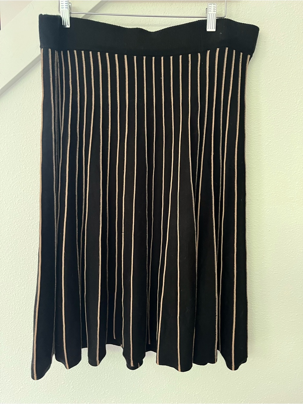 Black Knit Circle Skirt with Cream Vertical Stripes